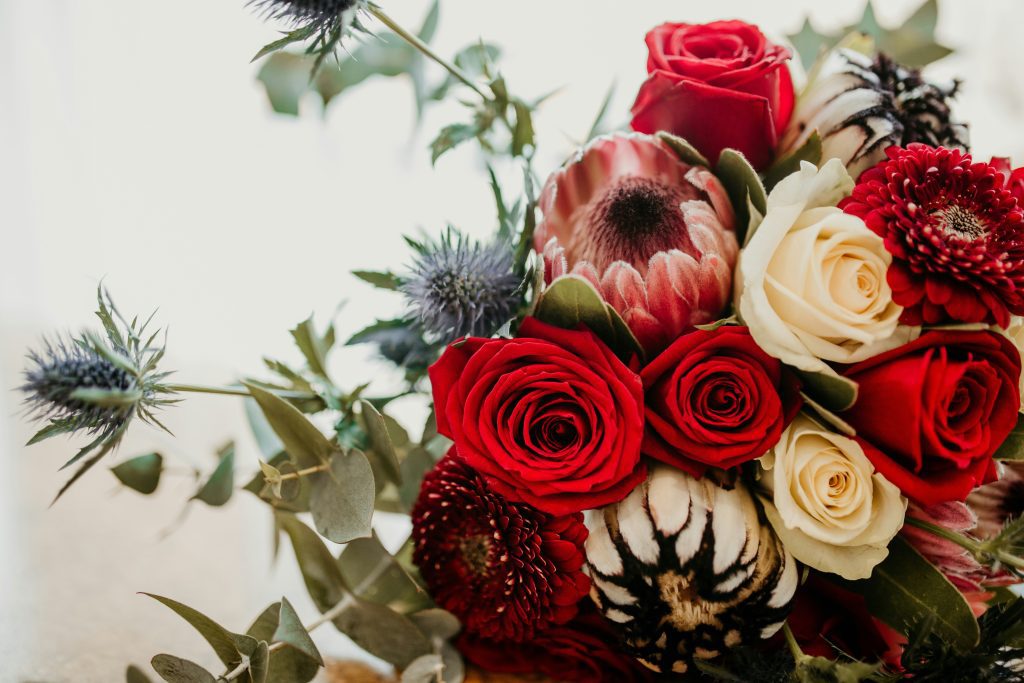 Premium bouquet with red roses, protea, blue thistle, and cream roses