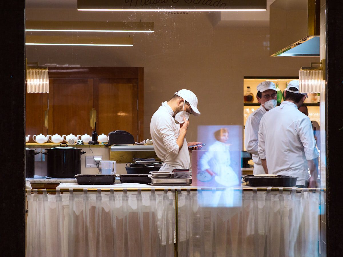 Kitchen team preparing food in a commercial restaurant