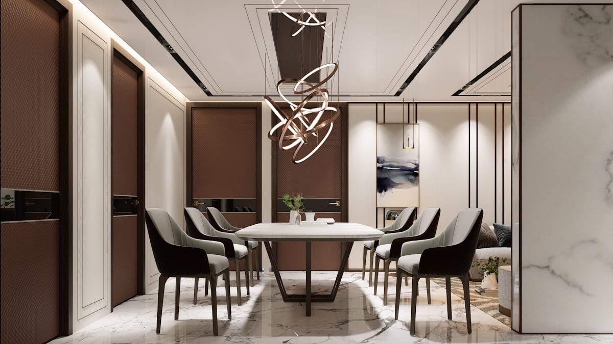 Modern dining room with elegant chairs and chandelier