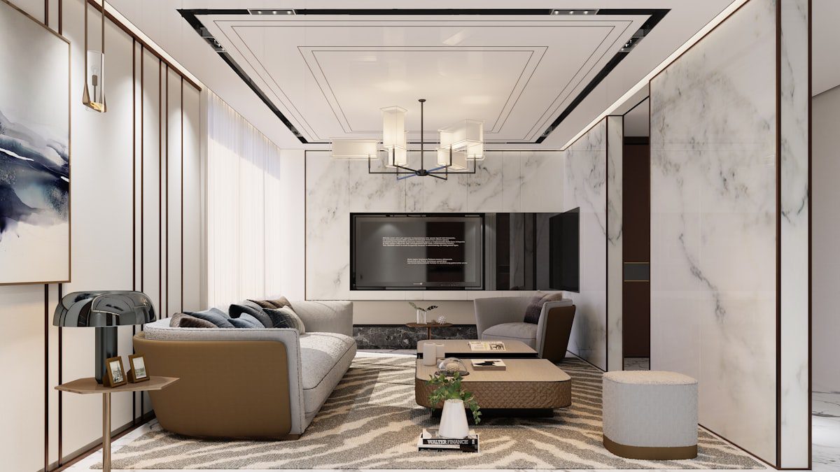 Modern living room with marble accents and stylish furniture