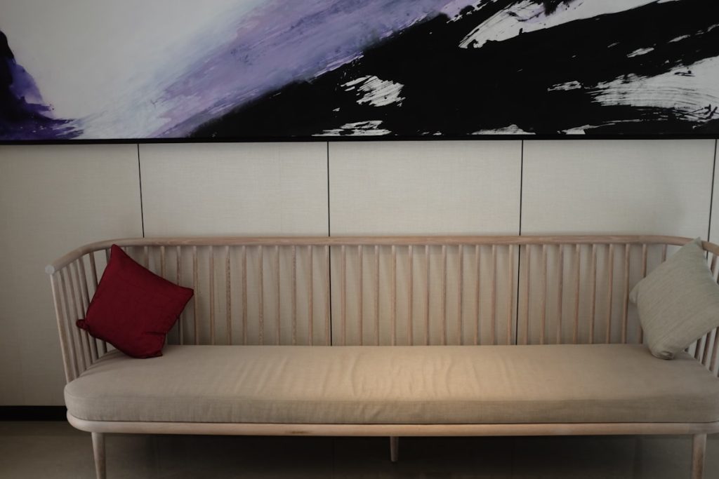 A modern contemporary sofa with decorative pillows