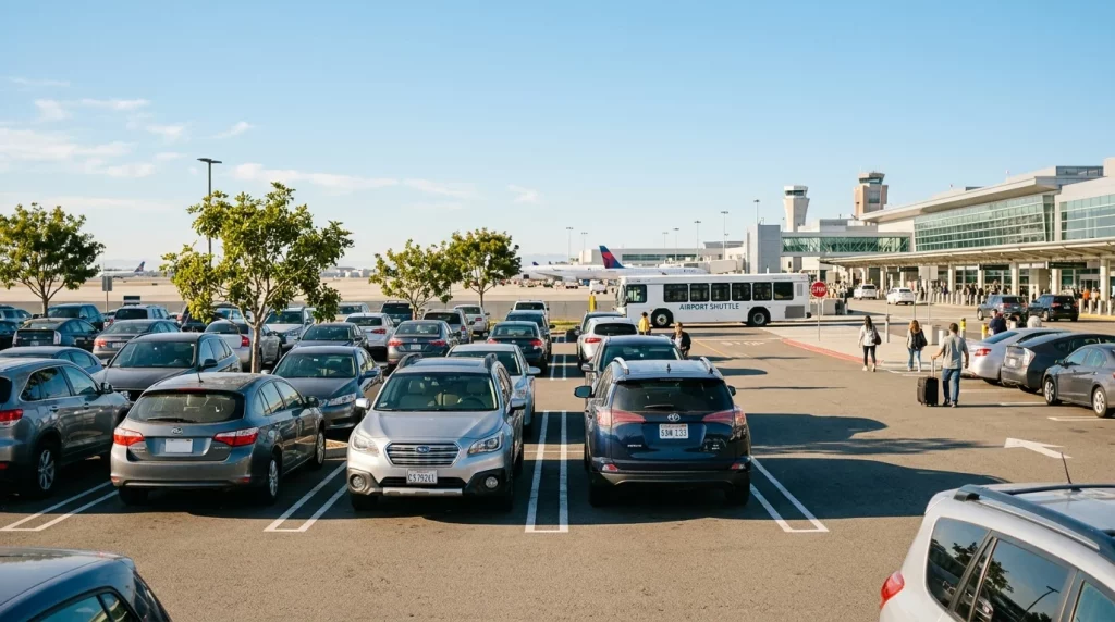 Airport parking lot with shuttle bus and terminal in background