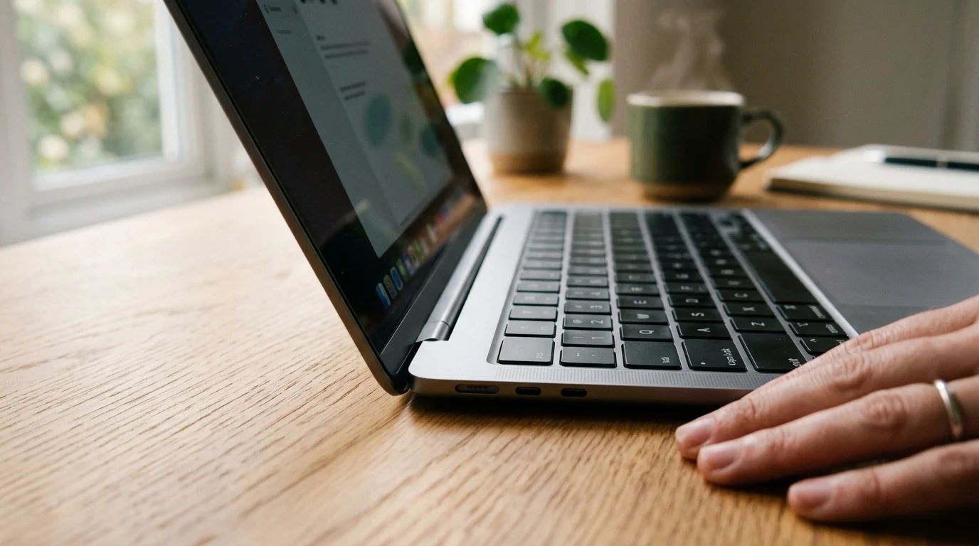 Close-up of a laptop hinge and keyboard showing the thin profile and build quality