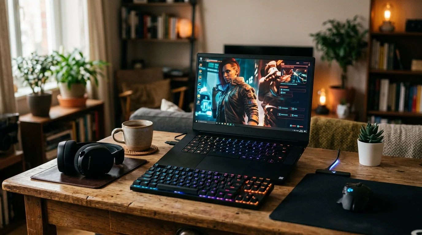 Gaming laptop with RGB keyboard on a desk with headphones nearby and dim ambient lighting