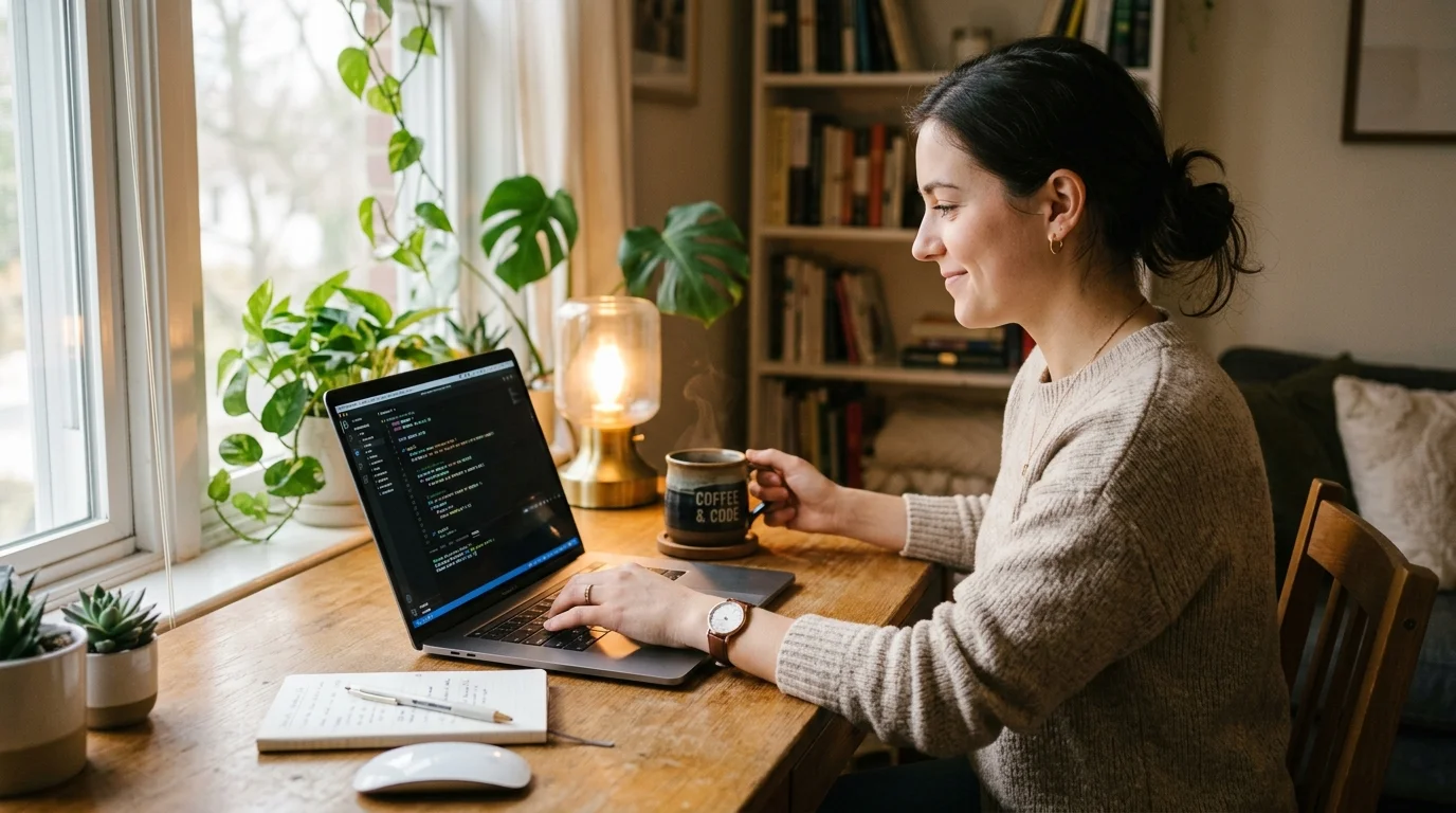 Laptop on a desk showing code on screen with a coffee mug nearby and warm desk lamp