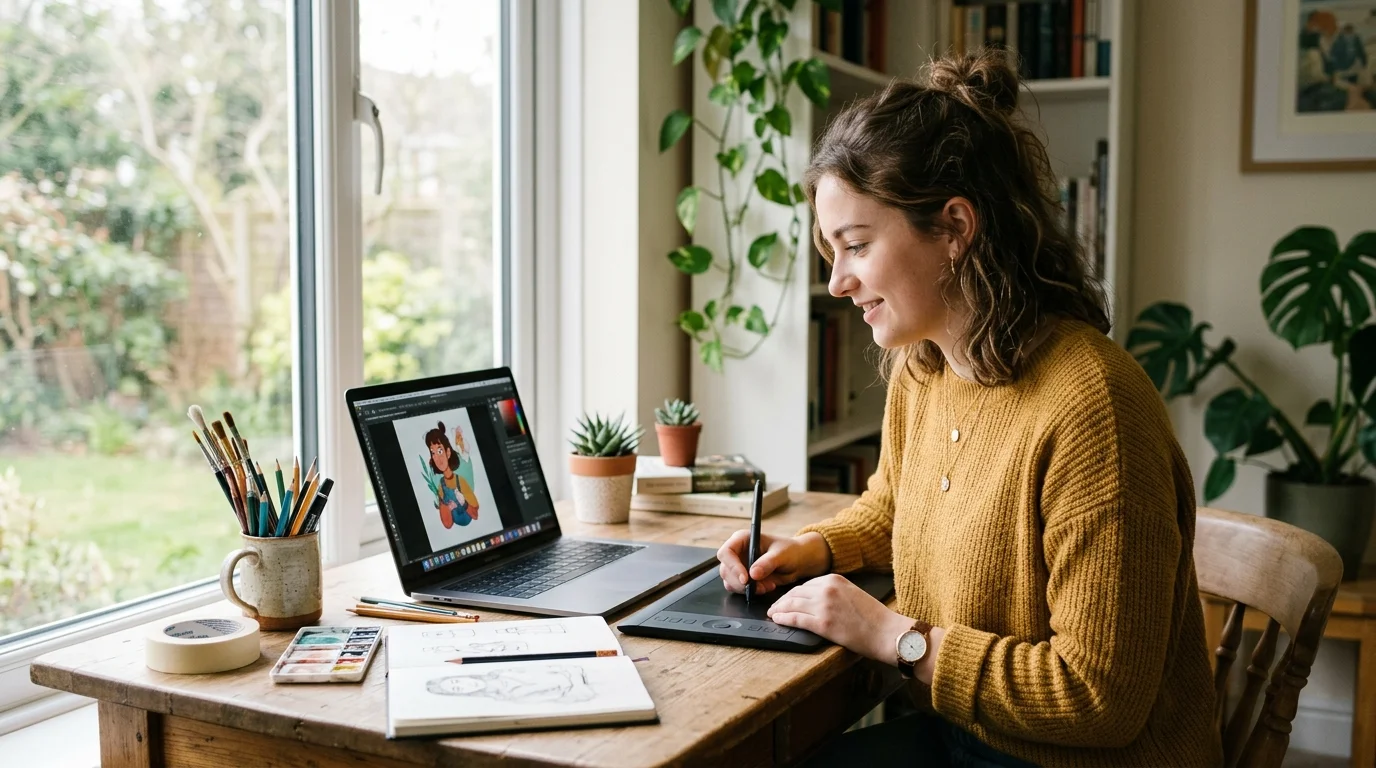 Student using a laptop with a drawing tablet beside it and art supplies on the desk in a bright workspace