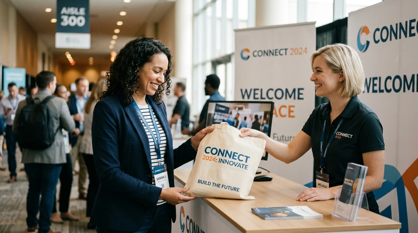 People at a conference booth with an attendee receiving a branded tote bag at a professional event