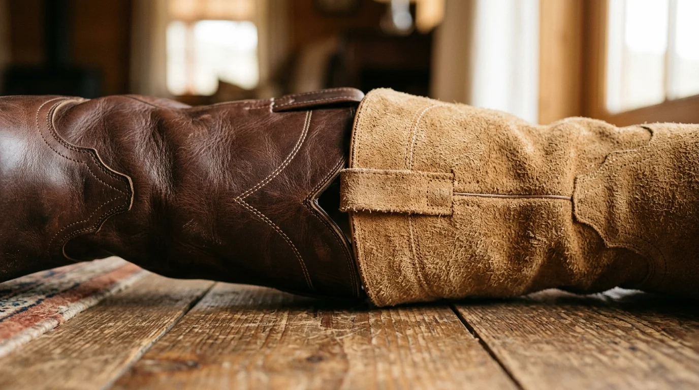 Close-up of cowboy boot leather textures showing smooth calfskin and roughout suede side by side