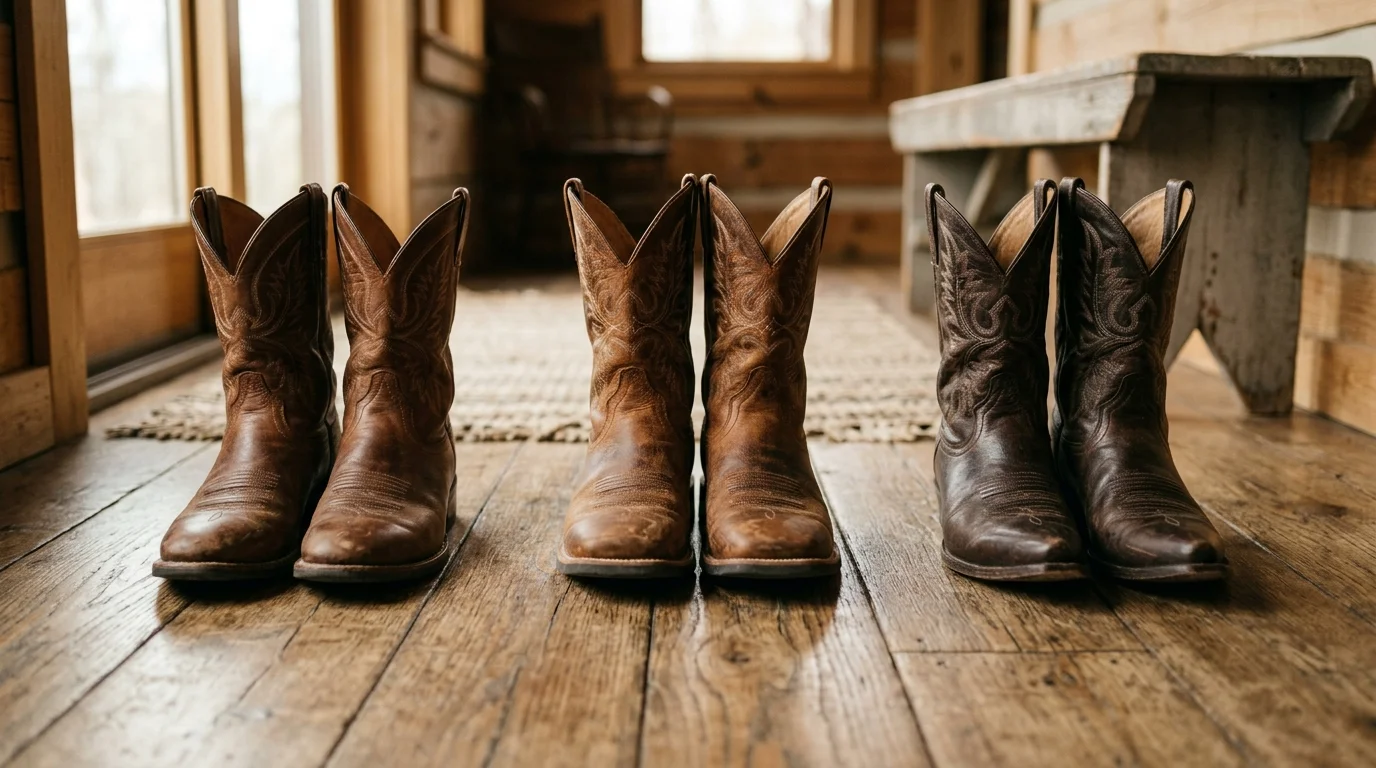 Three pairs of cowboy boots lined up showing different toe shapes on a wooden floor
