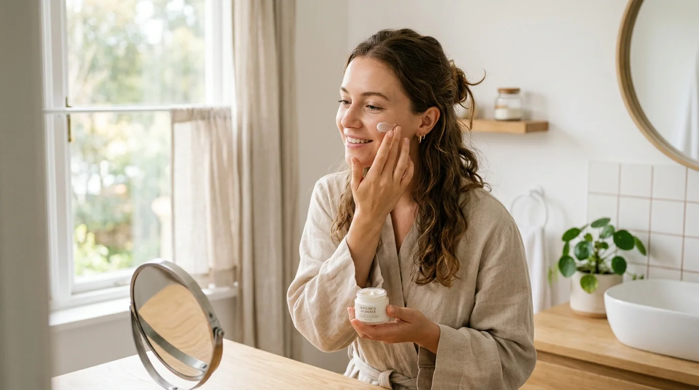 Woman applying moisturizer in a bright bathroom with soft morning light