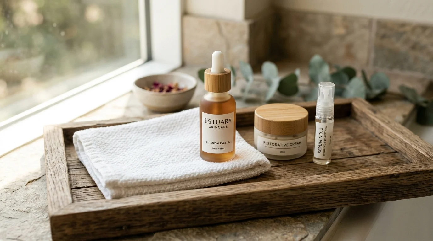 Close-up of skincare bottles and jars on a wooden tray with a white towel, spa-like setting