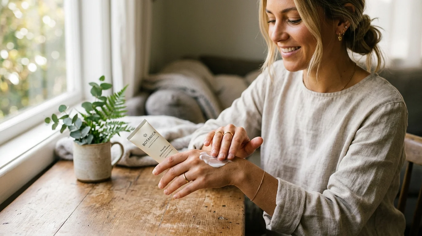 Woman applying hand cream from a tube, close-up of hands with bright natural lighting