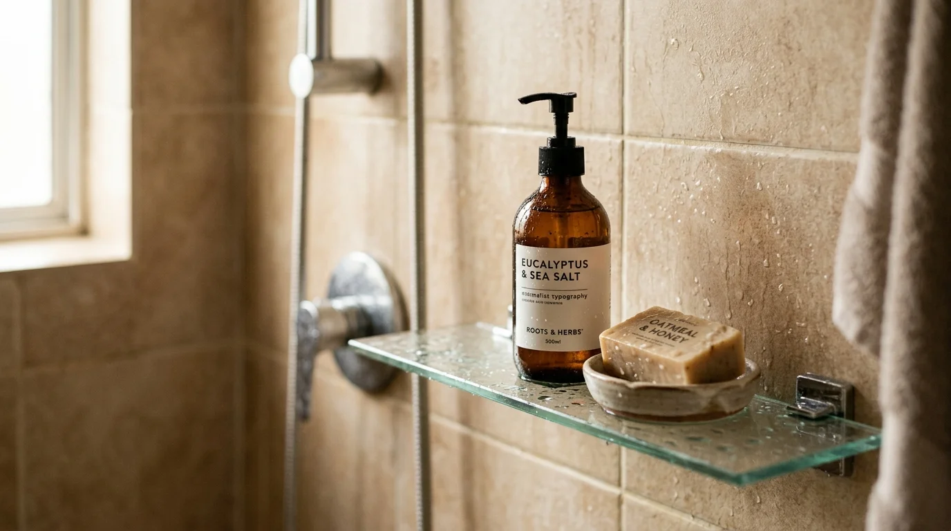 Glass shower shelf with body wash bottle and bar soap, water droplets on glass, warm bathroom lighting