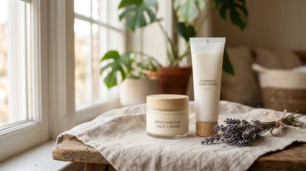 Hand cream tube and glass moisturizer jar with dried lavender on linen cloth
