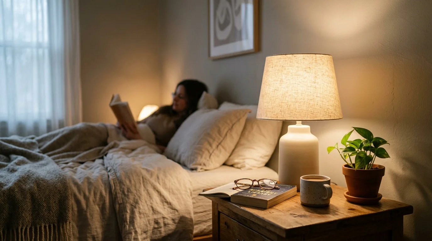 Elegant table lamp with a linen shade casting a warm glow on a wooden nightstand in a cozy bedroom