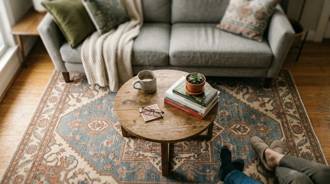 Overhead view of a patterned area rug in a living room with a coffee table and sofa visible