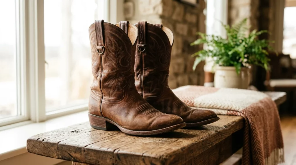 Brown leather cowboy boots on a rustic wooden bench in warm side lighting