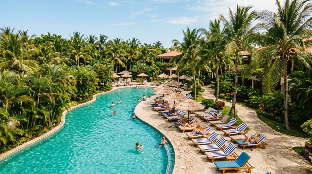Aerial view of a tropical resort pool with palm trees and lounge chairs