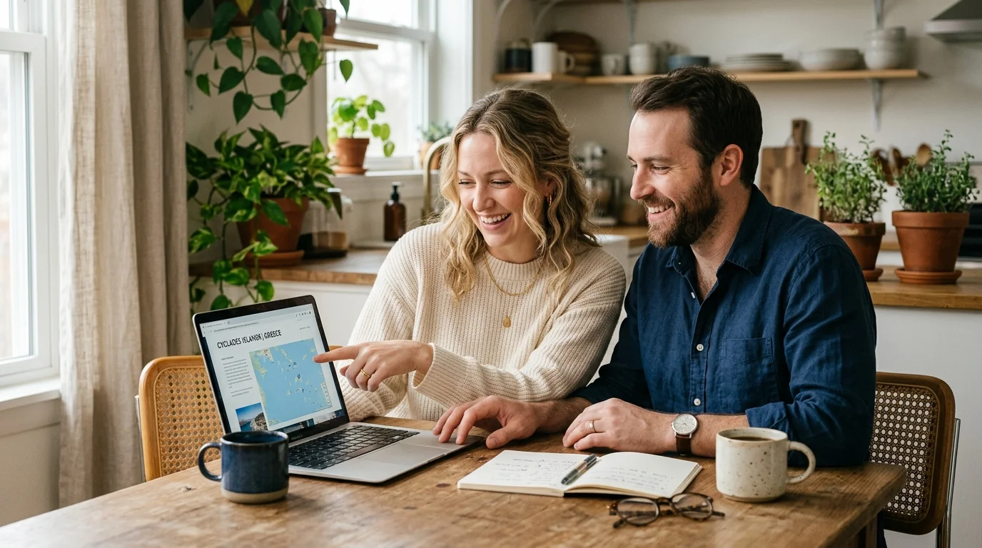 Couple sitting at a kitchen table with a laptop planning a vacation together with coffee cups on table