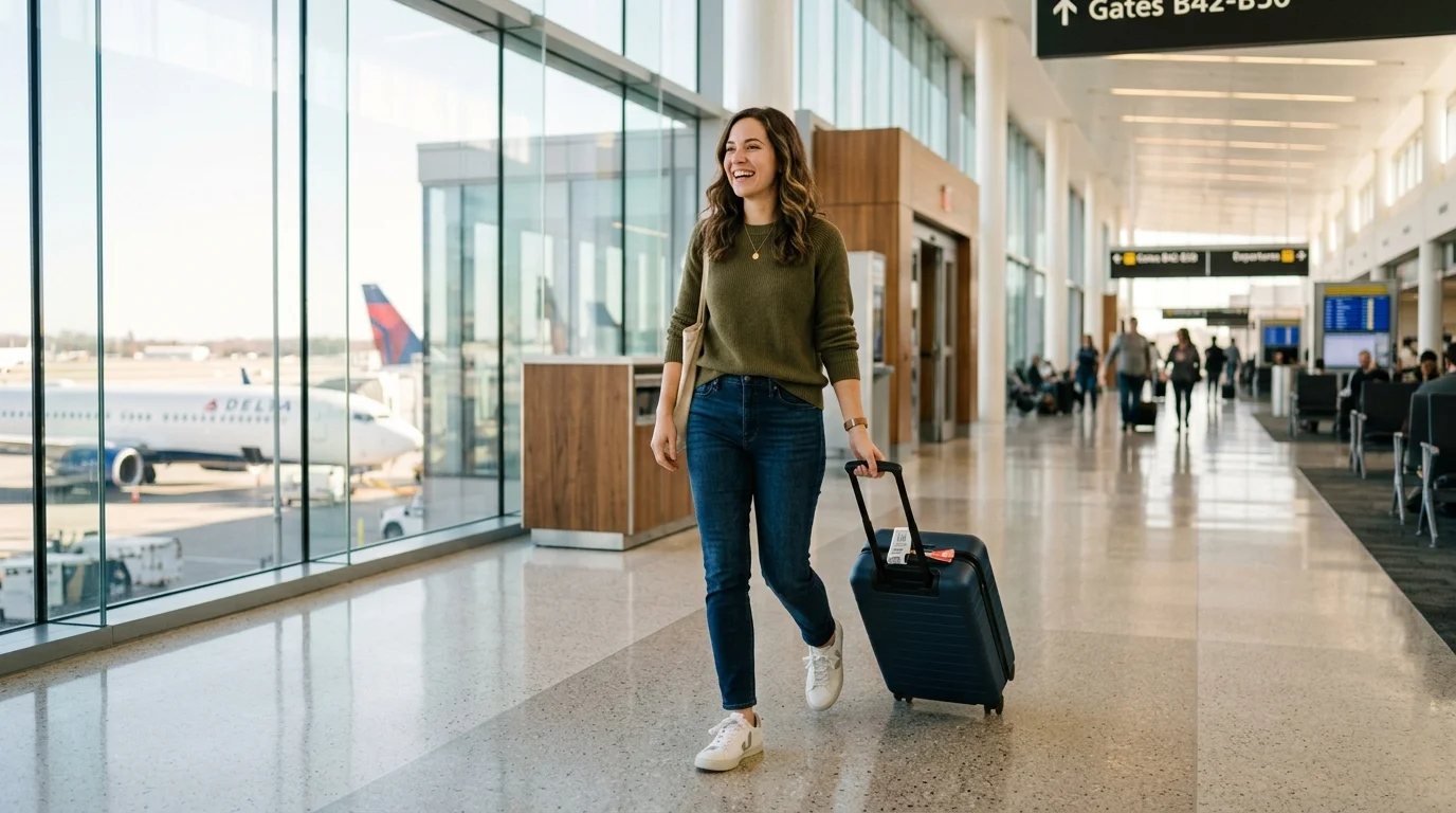 Happy traveler pulling a suitcase through a bright modern airport terminal with sunlight through large windows