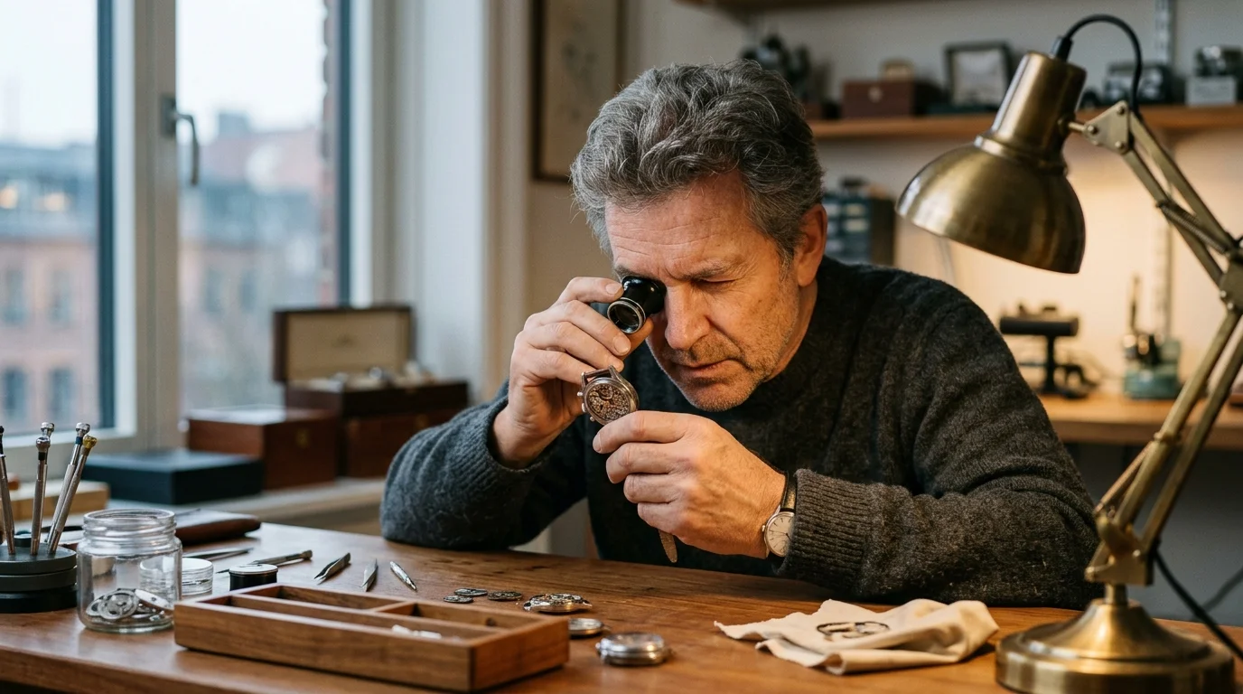 Person examining a wristwatch closely with a loupe magnifying glass at a desk with warm lamp light