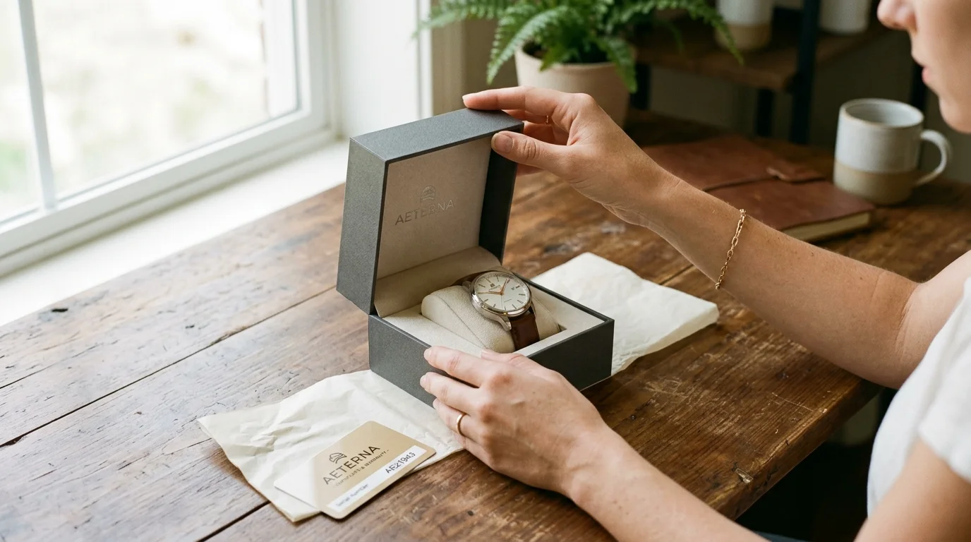 Hands opening a watch box on a wooden desk with tissue paper and warranty card visible in warm natural light