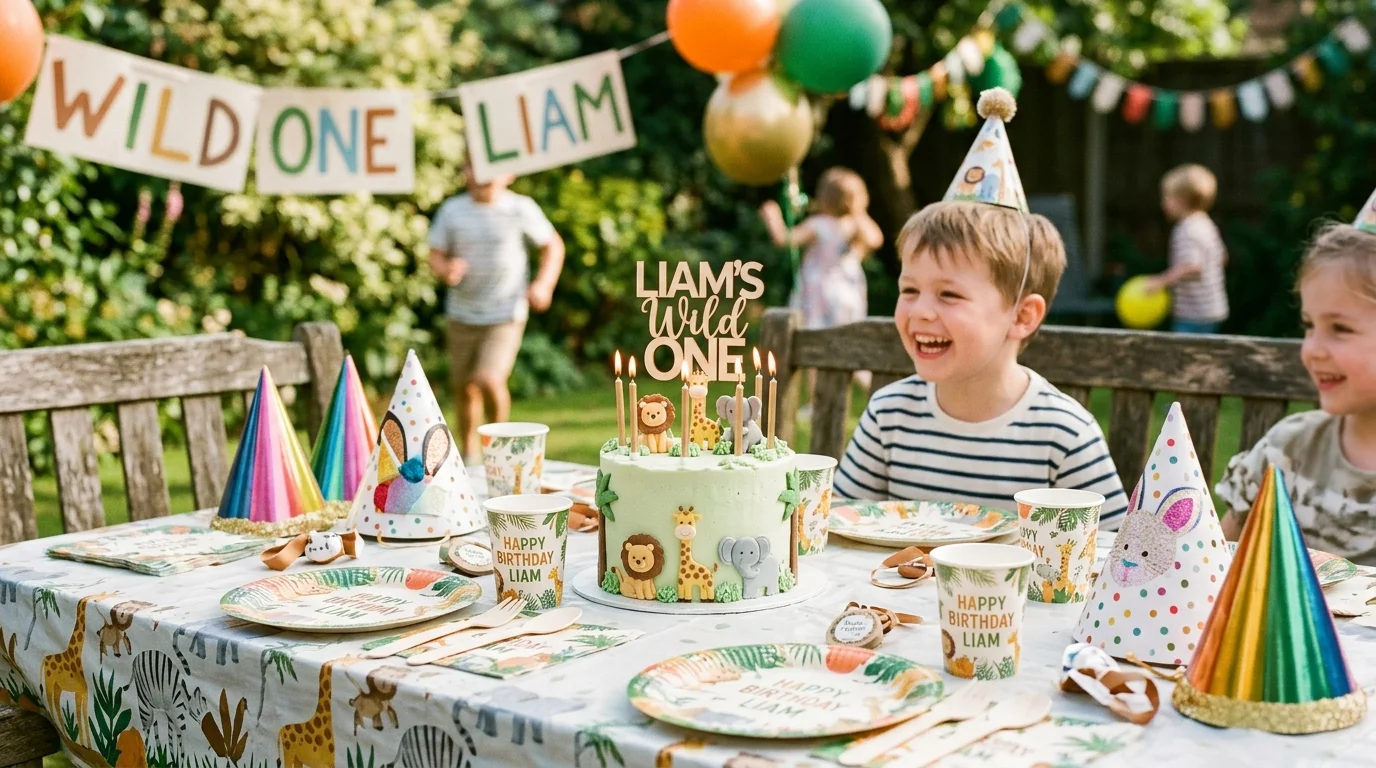 Kids birthday party table set up with themed plates, cups, party hats, and a small cake