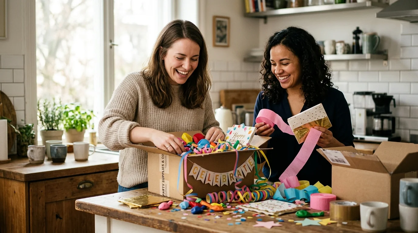 Shipping boxes being opened on a kitchen counter with colorful party supplies spilling out