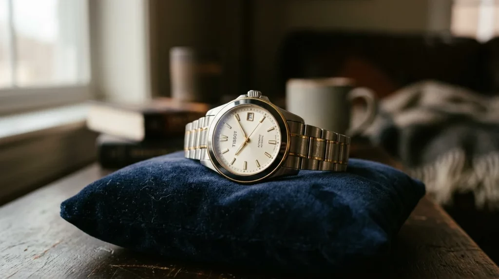 Elegant wristwatch displayed on a dark velvet cushion