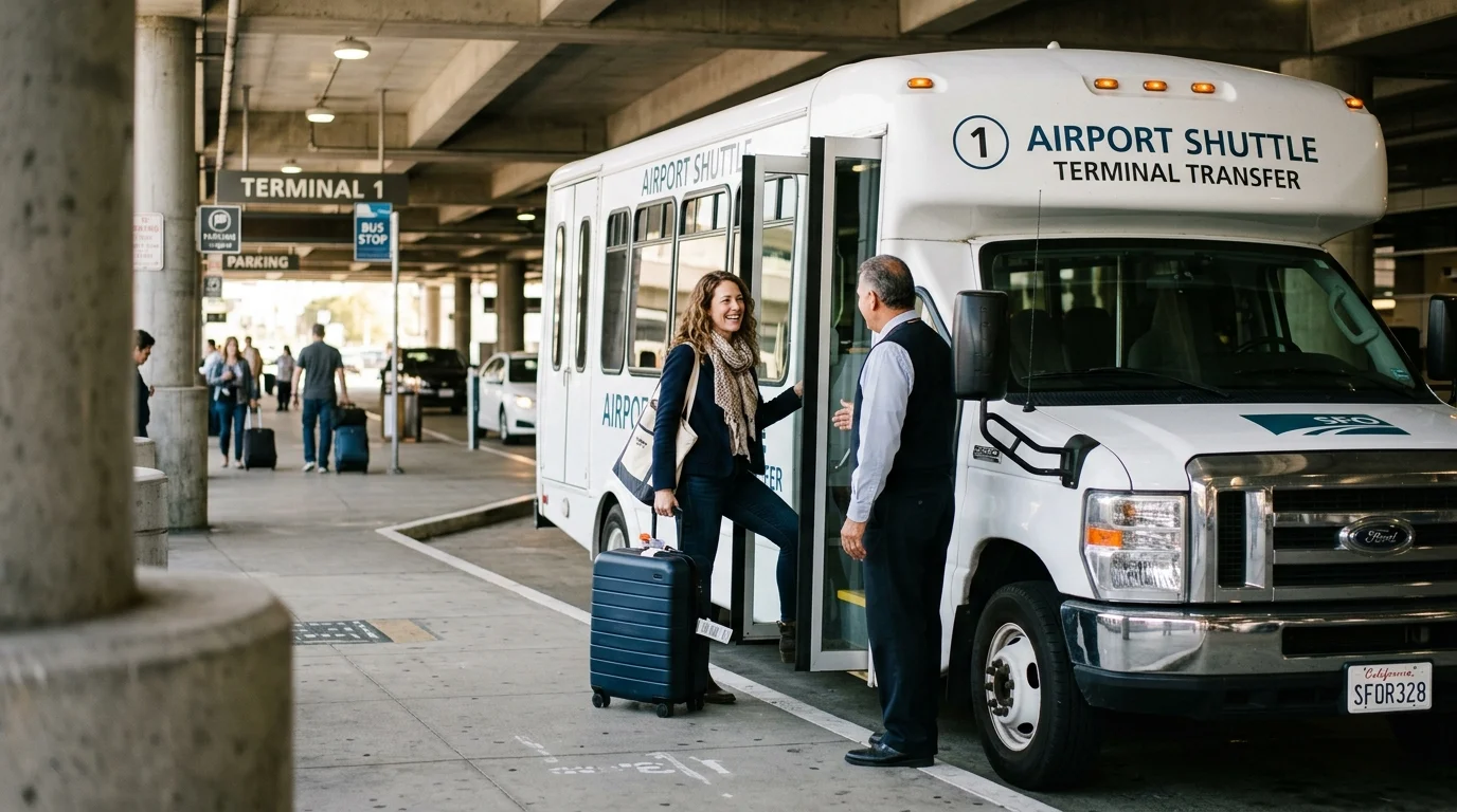 White airport shuttle bus picking up a traveler with luggage at a covered parking area