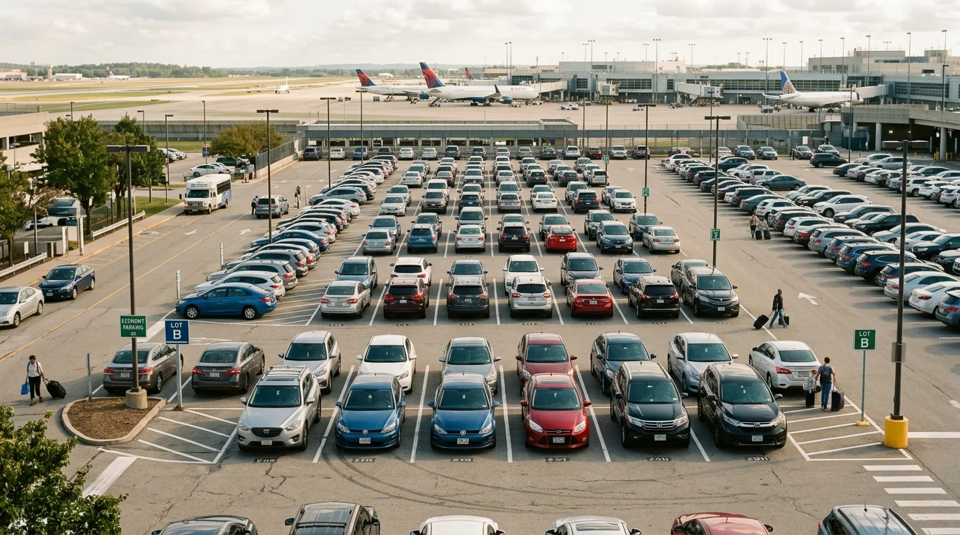 Overhead view of an organized airport economy parking lot with rows of cars