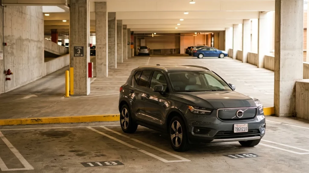 Car parked in a clean urban parking garage