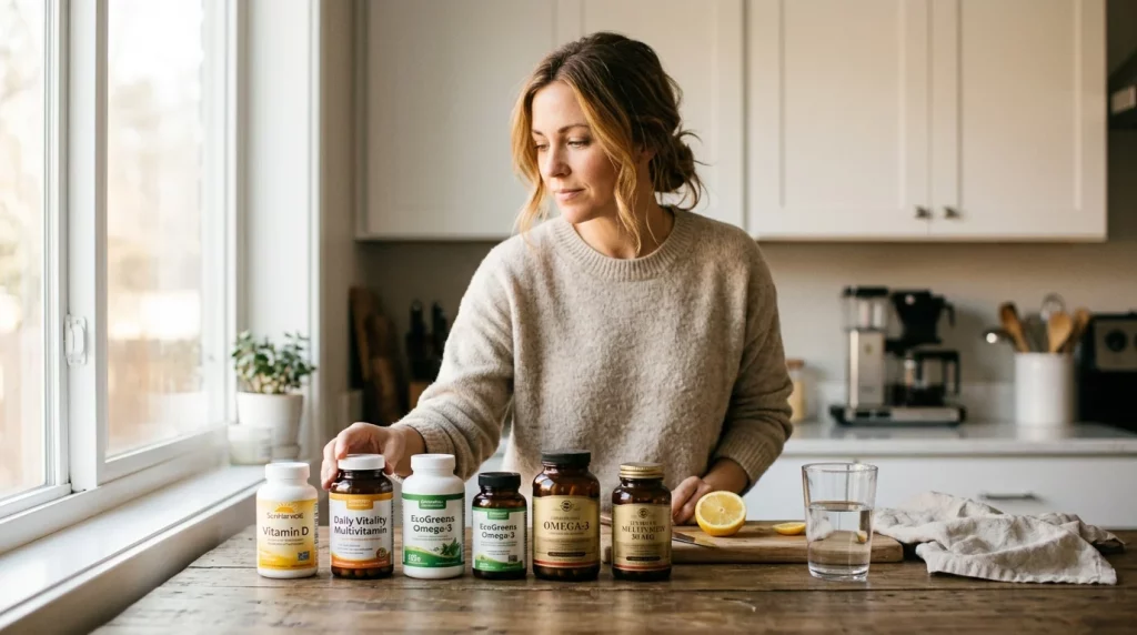 Woman looking at supplement bottles on a kitchen counter