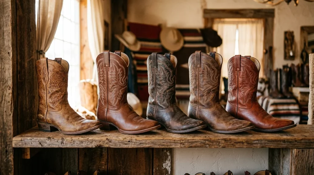 Row of cowboy boots in different leather colors on a rustic wooden shelf