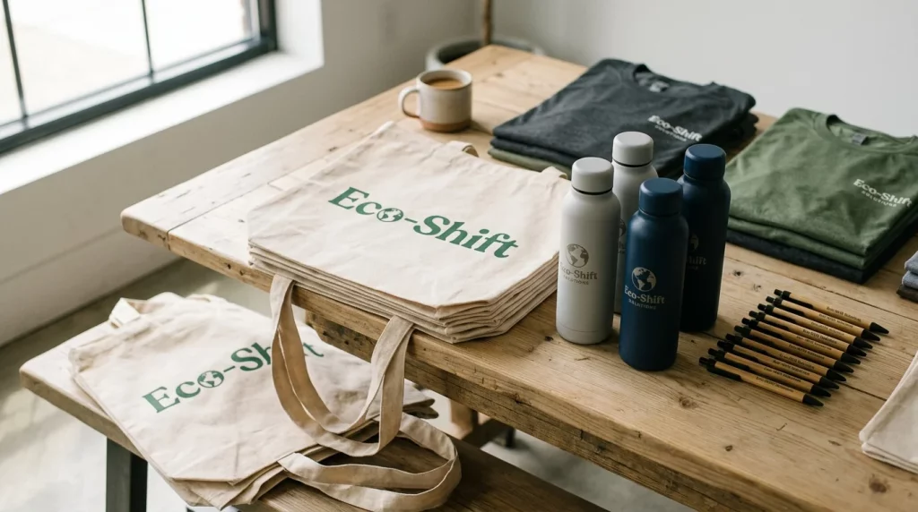 Assortment of branded promotional products on a table including totes, bottles, and pens