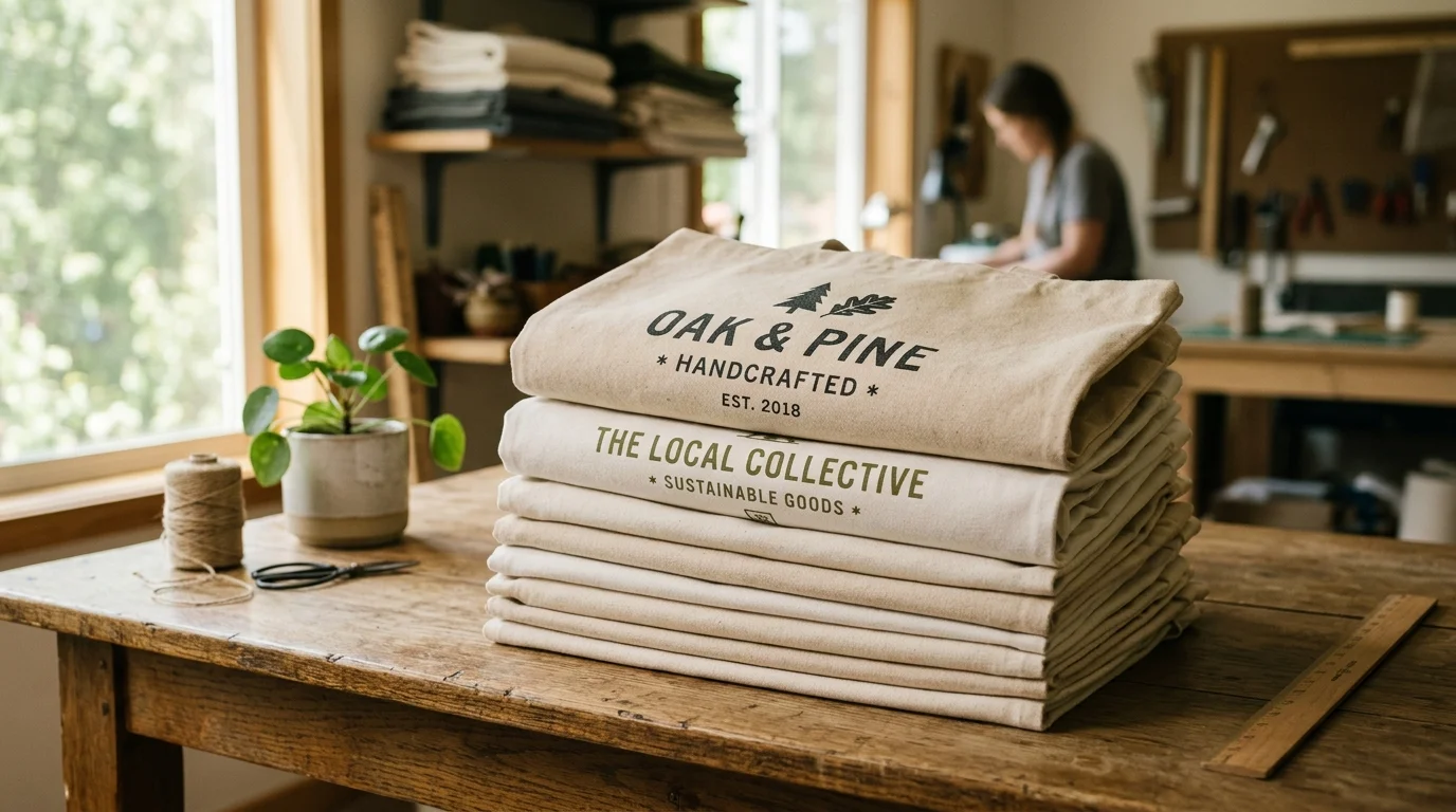 Stack of custom canvas tote bags in natural and white colors on a table in natural light
