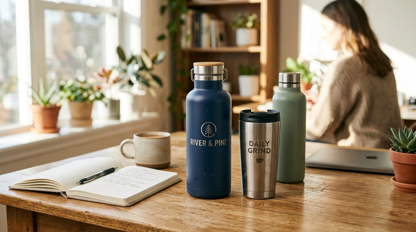 Custom branded stainless steel water bottles and coffee tumblers on a desk with bright window light