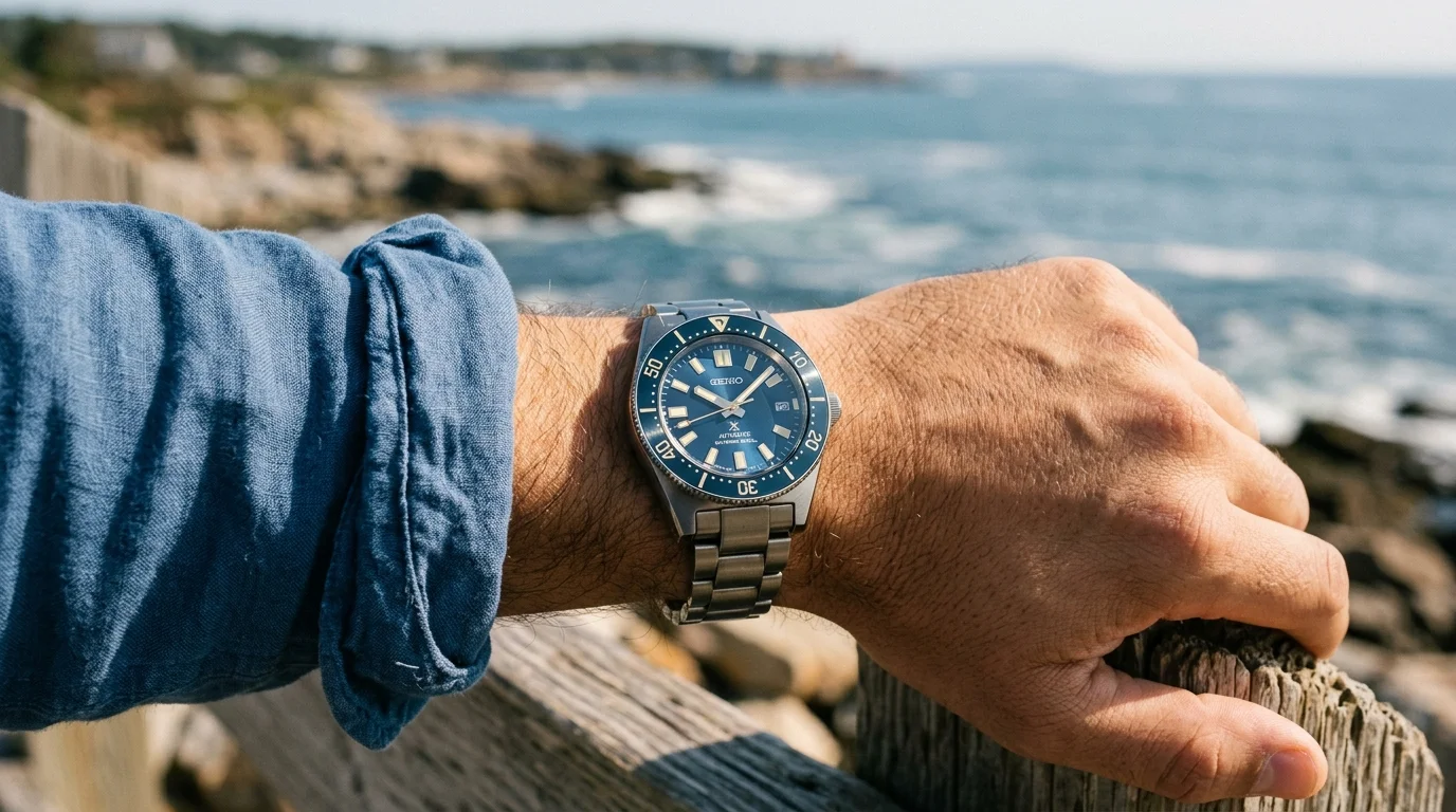 Dive watch with blue dial and luminous markers on a wrist in an outdoor setting