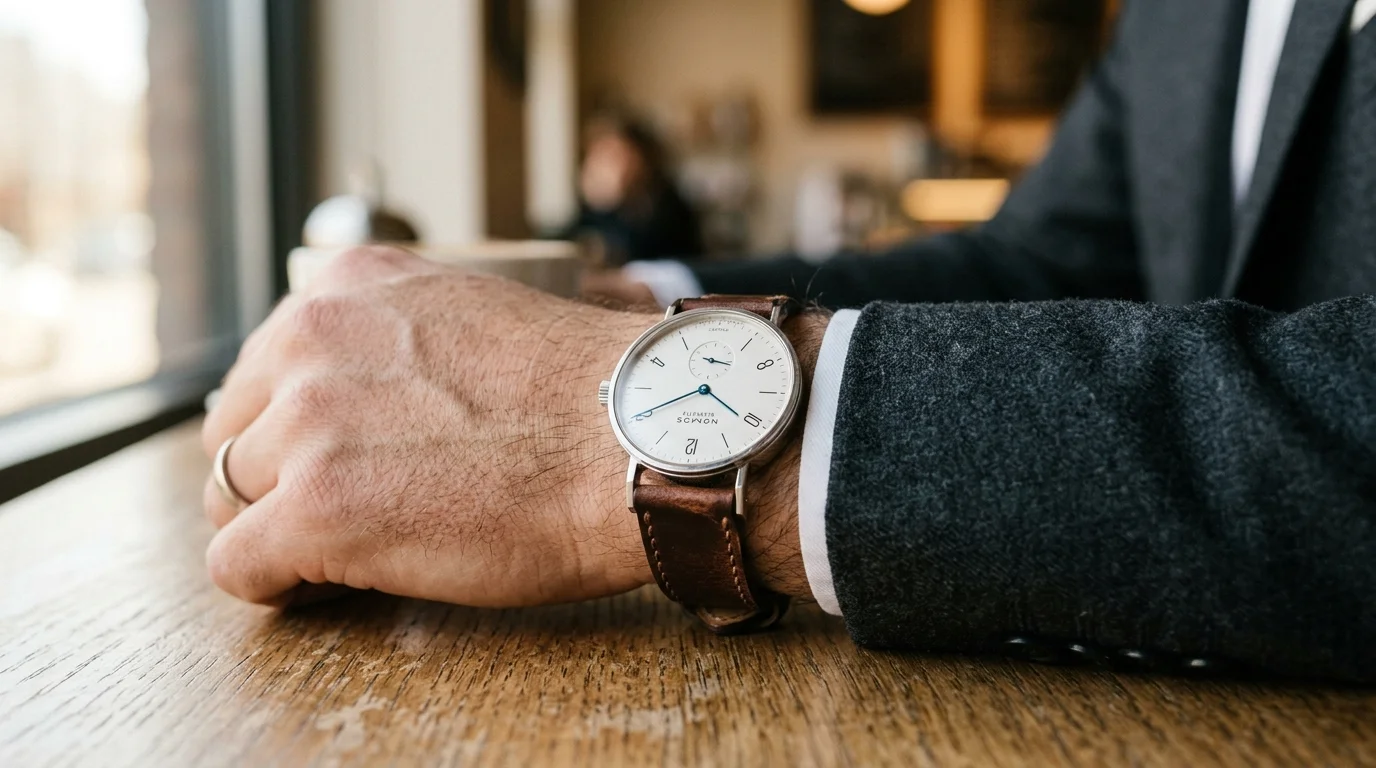 Elegant dress watch with white dial and leather strap on a wrist, suit cuff visible
