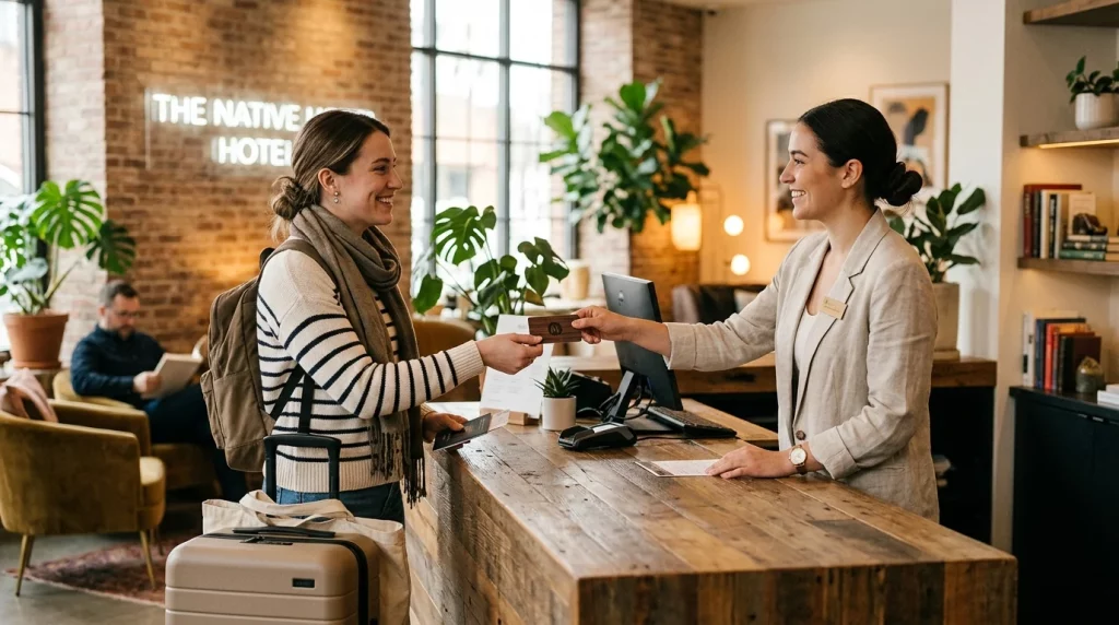 Traveler checking into a boutique hotel at the front desk
