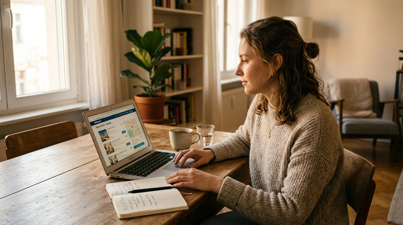 Person comparing hotel prices on a laptop with a notepad beside them in warm afternoon light