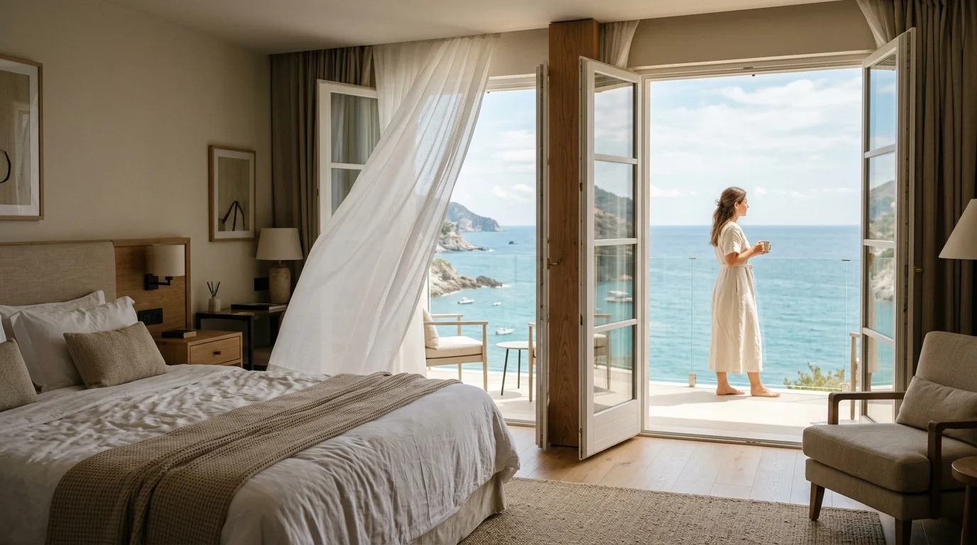 Luxury hotel room with ocean view, balcony doors open, white curtains blowing in the breeze