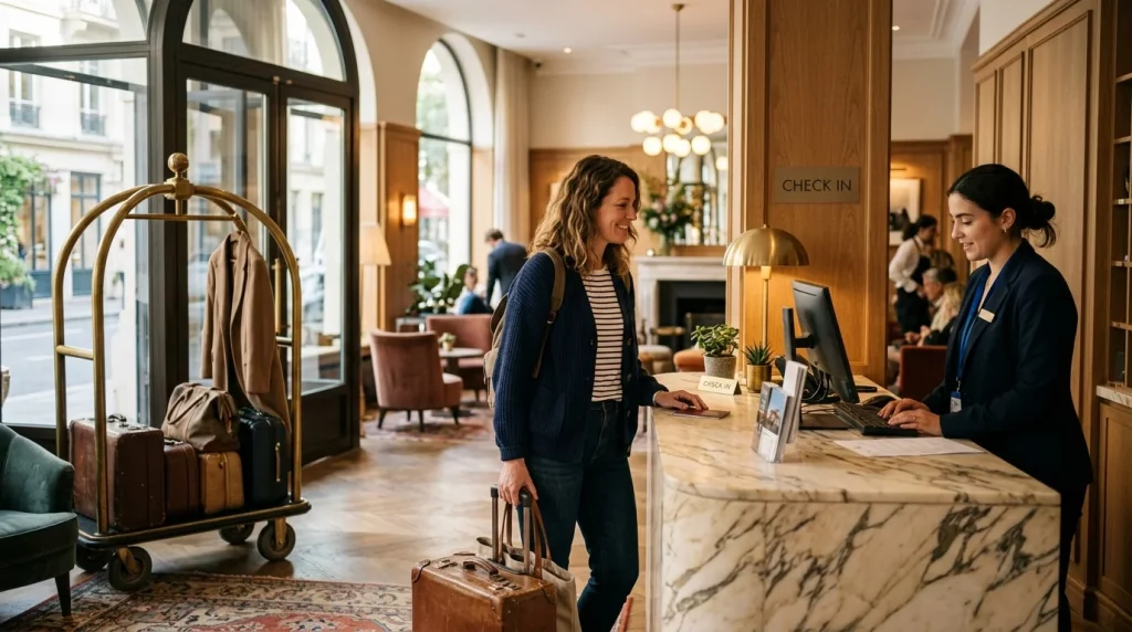 Traveler checking into a hotel at a marble reception desk