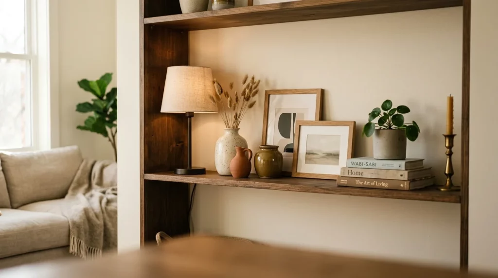 Stylish living room shelf with decorative vases, framed art, and a table lamp