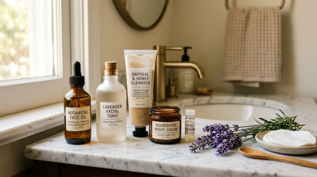 Assortment of skincare products on a marble bathroom counter with lavender