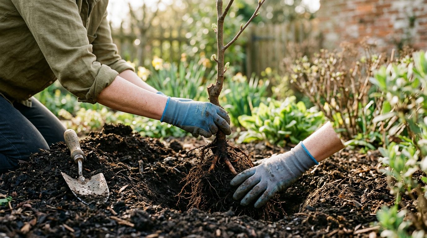 Hands planting bare-root tree sapling in garden soil