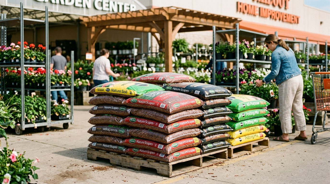 Bags of mulch stacked on pallet outside garden center