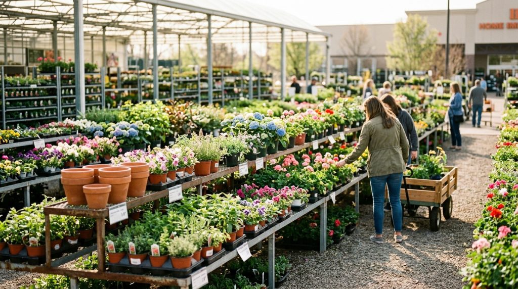 Outdoor garden center in spring with rows of potted plants