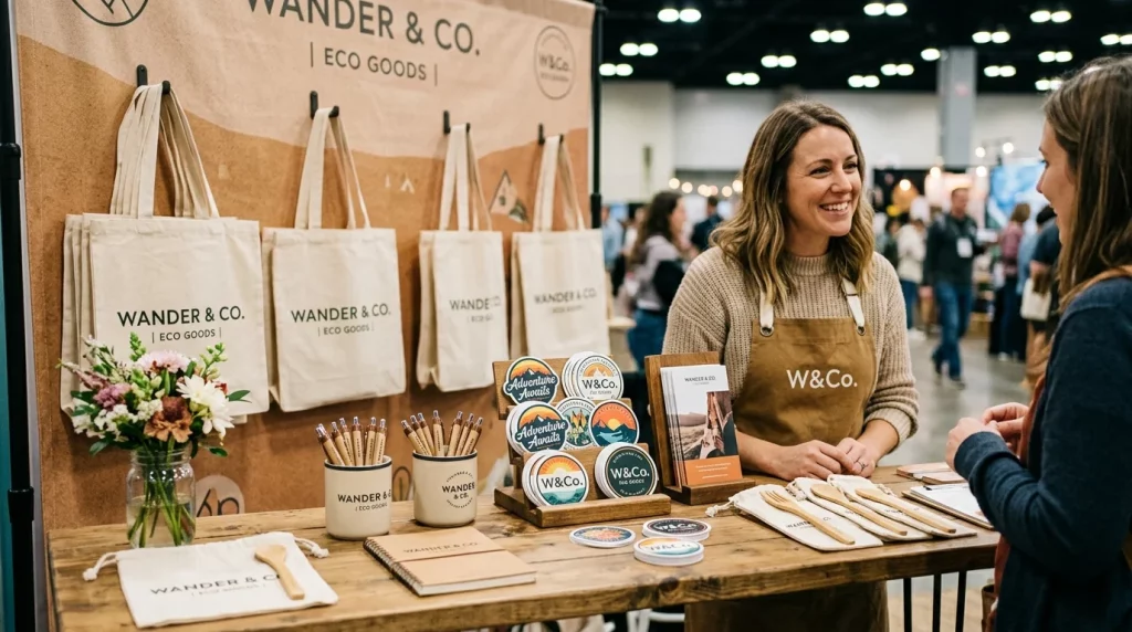 Trade show table with branded tote bags, pens, and stickers