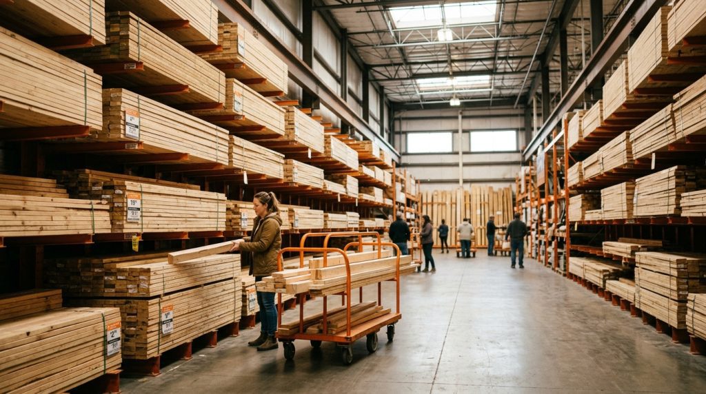 Lumber aisle in a home improvement store with stacked wood and flatbed cart